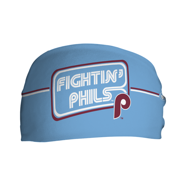 Front view of MLB Philadelphia Phillies light blue headband with fightin phils nickname. Made in USA, Vertical  Athletics brand.  