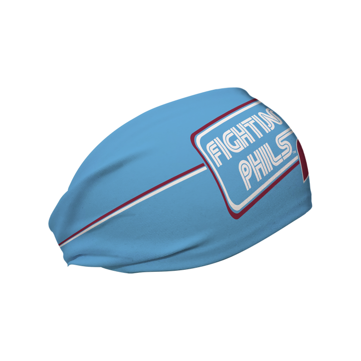 Side view of MLB Philadelphia Phillies light blue headband with fightin phils nickname. Made in USA, Vertical  Athletics brand.  