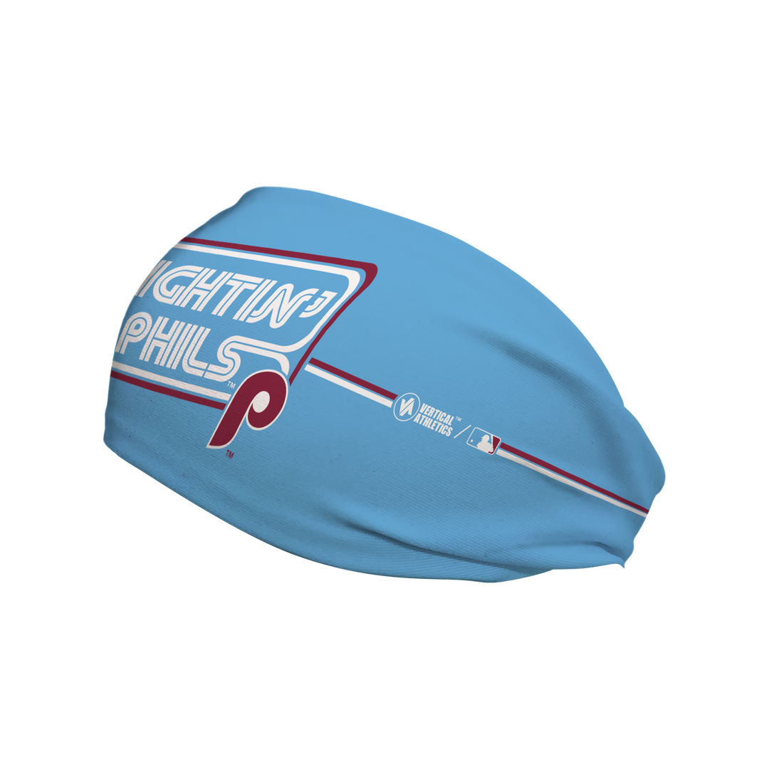Side view of MLB Philadelphia Phillies light blue headband with fightin phils nickname. Made in USA, Vertical  Athletics brand.  