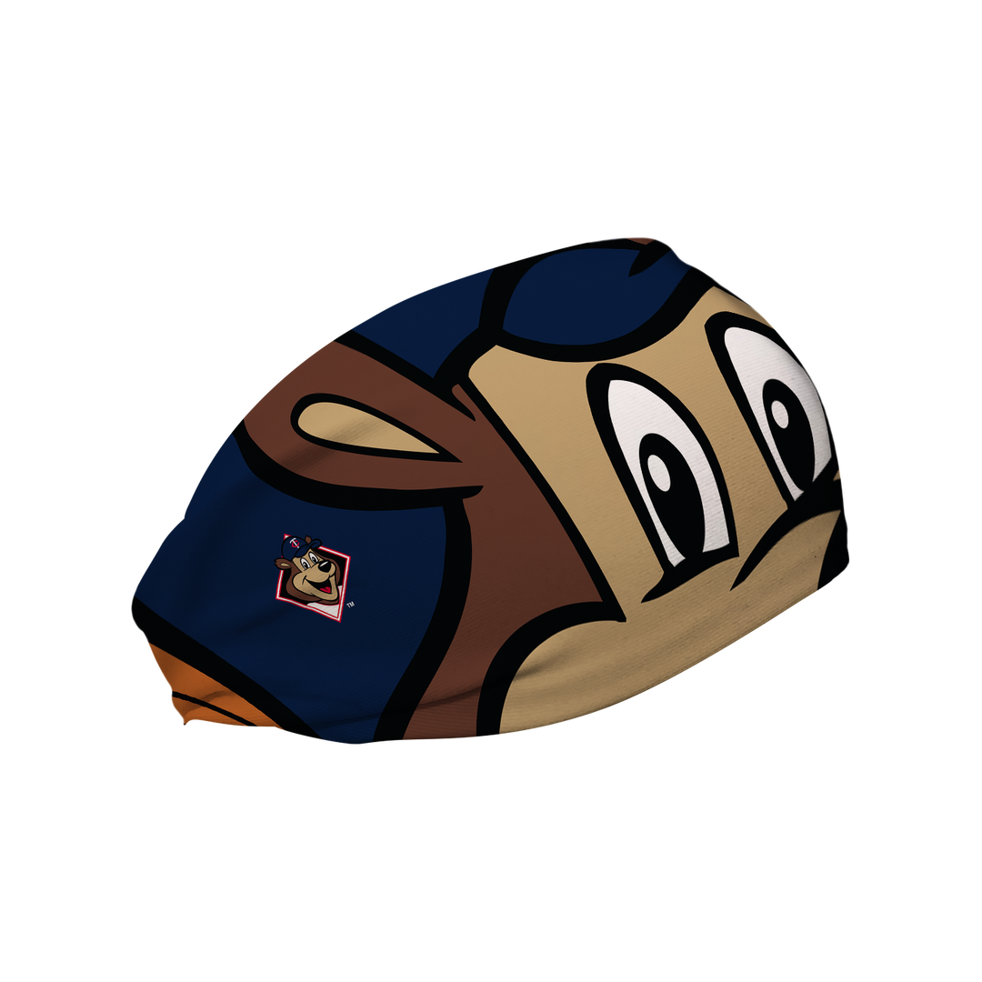 Side view of MLB Minnesota Twins headband with T.C. Bear mascot stare. Made in USA, Vertical Athletics brand.  