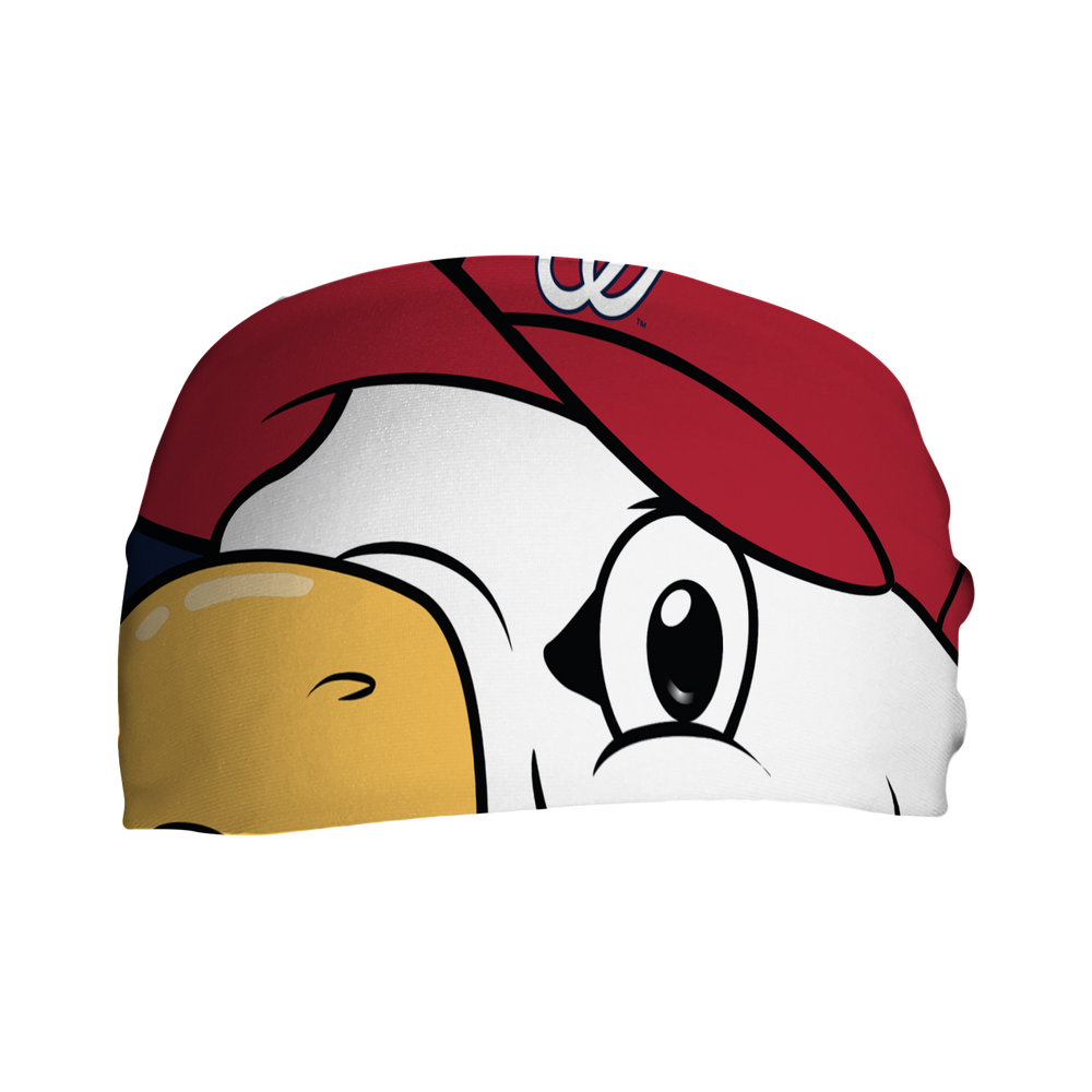 Front view of MLB Washington Nationals navy  headband with eagle screech mascot stare. Made in USA, Vertical  Athletics brand.  