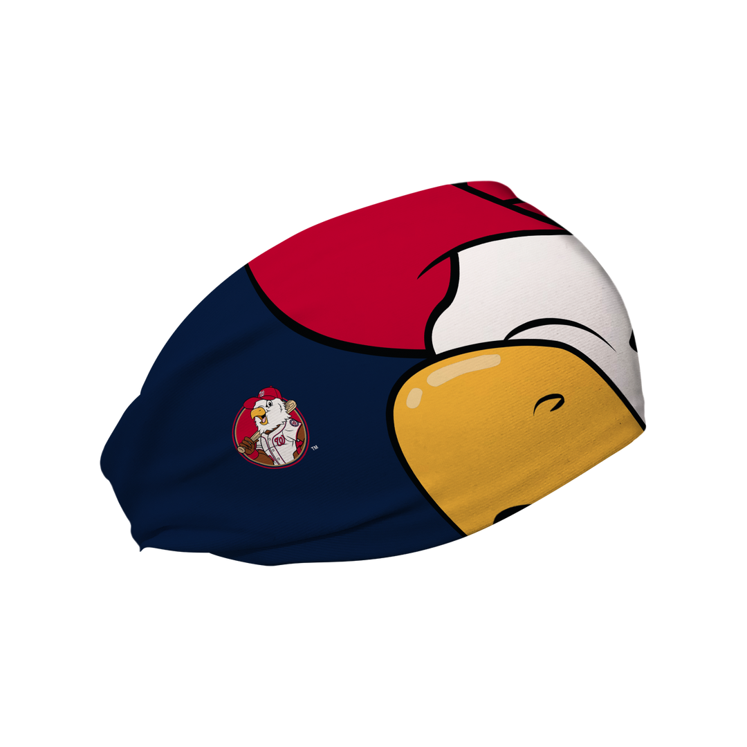 Side view of MLB Washington Nationals navy  headband with eagle Screech mascot stare. Made in USA, Vertical  Athletics brand.  