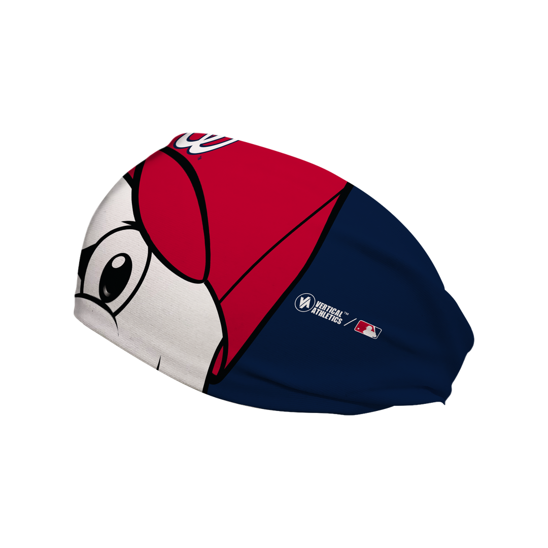Side view of MLB Washington Nationals navy  headband with eagle screech mascot stare. Made in USA, Vertical  Athletics brand.  