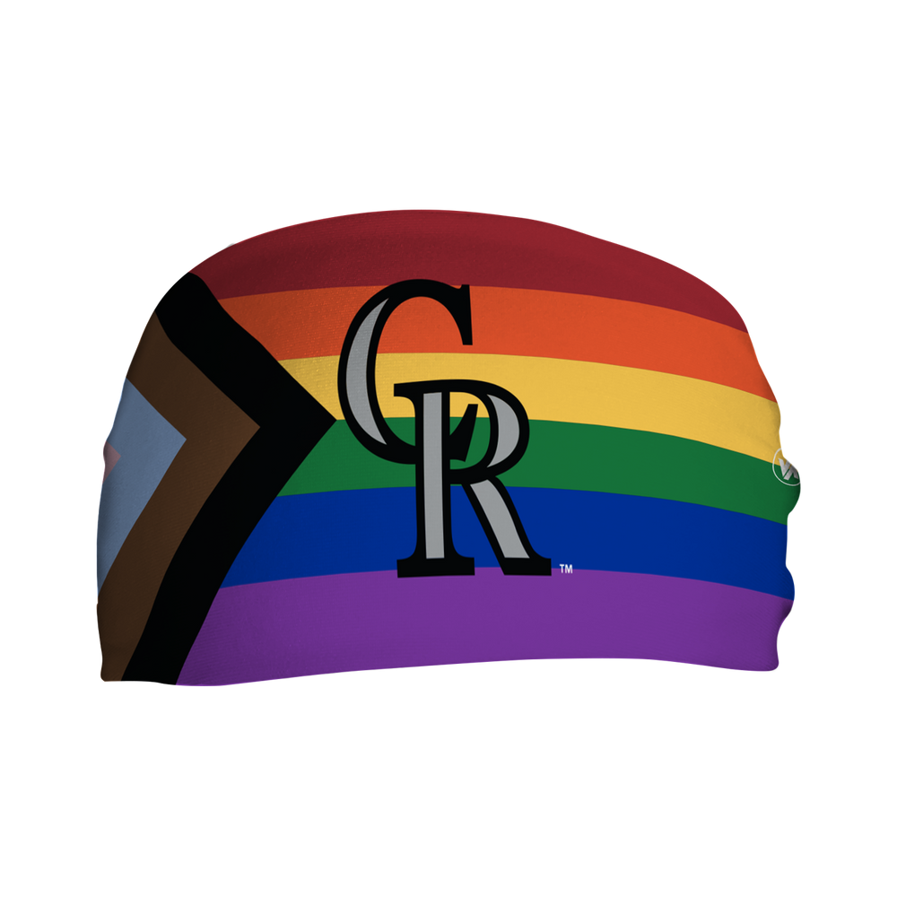 Front view of Colorado Rockies pride flag with cap logo. Made in USA, Vertical  Athletics brand. 