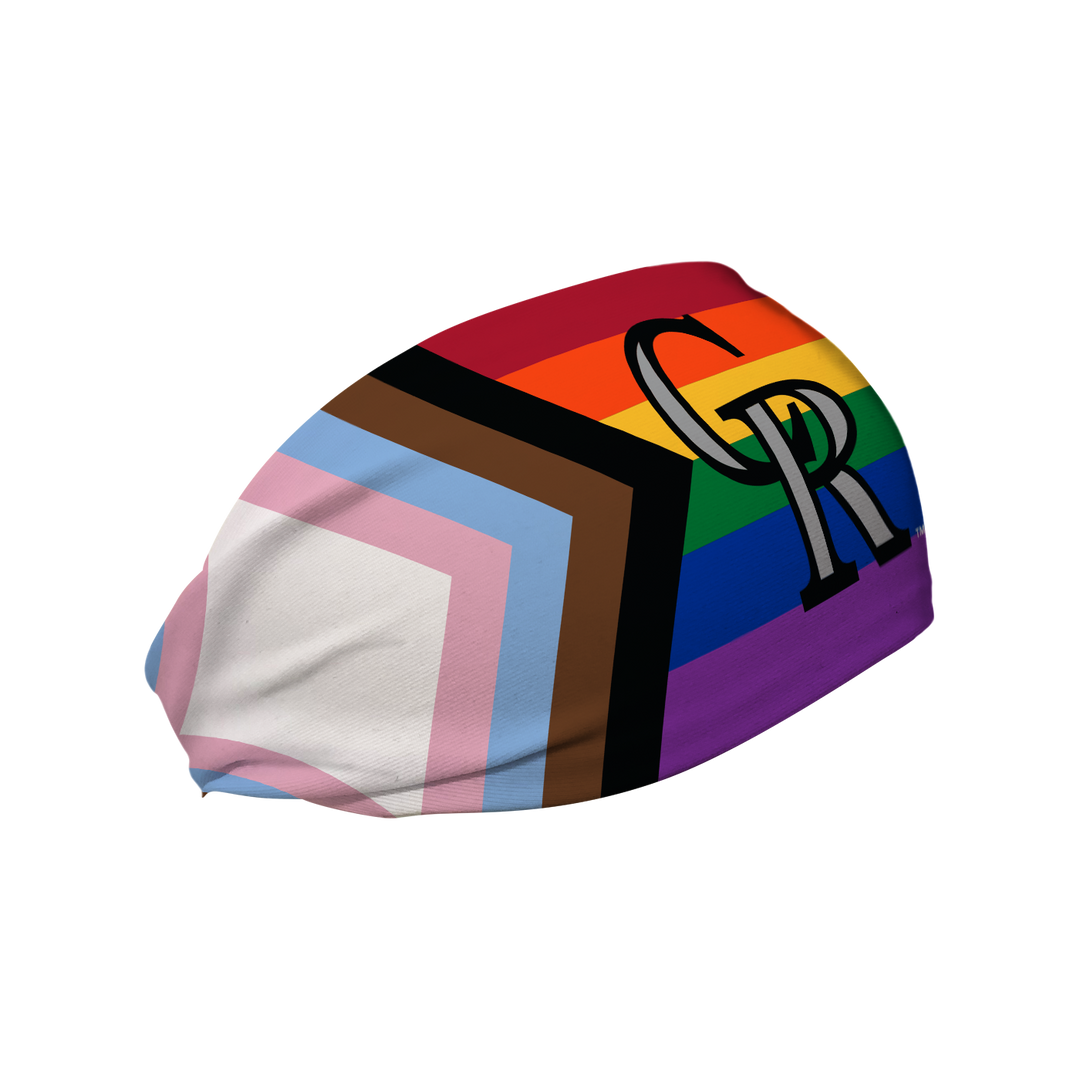 Side view of Colorado Rockies pride flag with cap logo. Made in USA, Vertical  Athletics brand. 