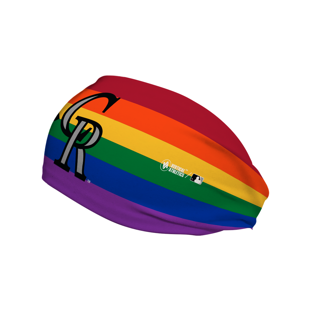 Side view of Colorado Rockies pride flag with cap logo. Made in USA, Vertical  Athletics brand.  