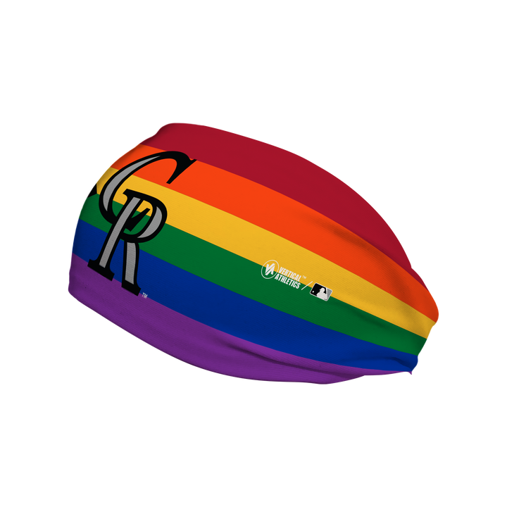 Side view of Colorado Rockies pride flag with cap logo. Made in USA, Vertical  Athletics brand.  