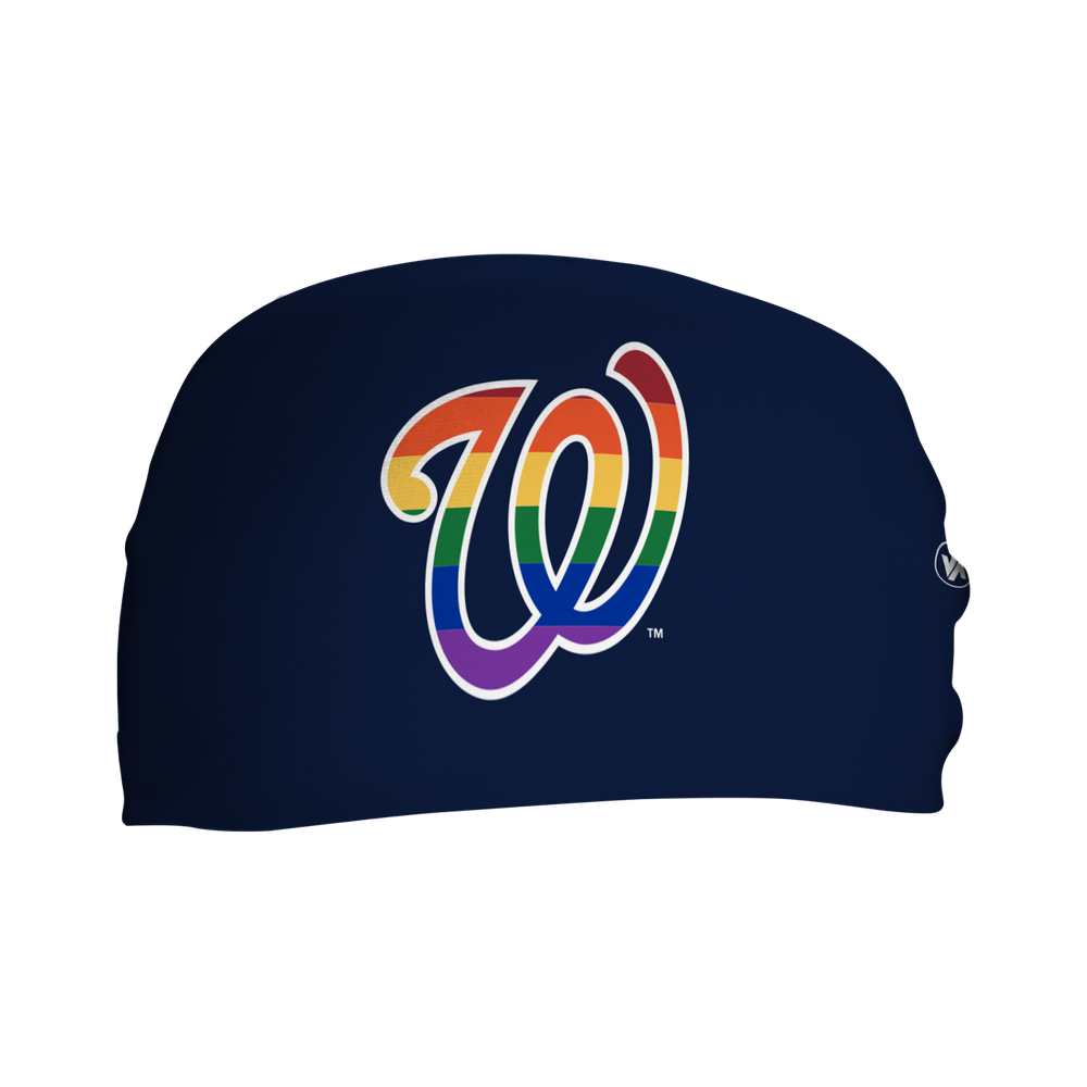 Front view of Washington Nationals navy headband with pride filled cap logo. Made in USA, Vertical  Athletics brand.  