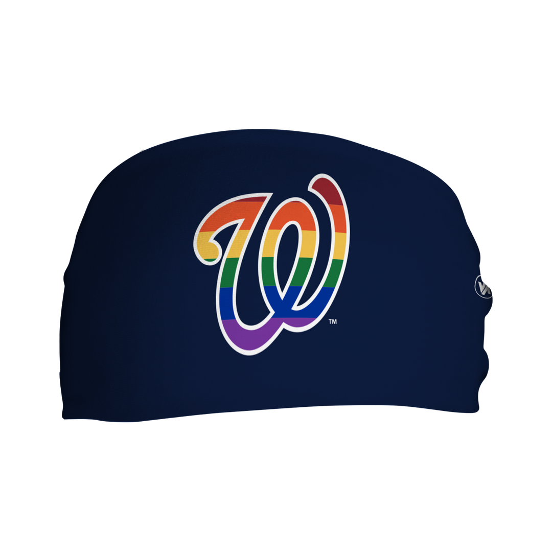 Front view of Washington Nationals navy headband with pride filled cap logo. Made in USA, Vertical  Athletics brand.  