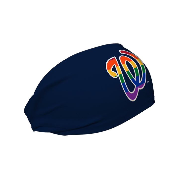 Side view of Washington Nationals navy headband with pride filled cap logo. Made in USA, Vertical  Athletics brand.   
