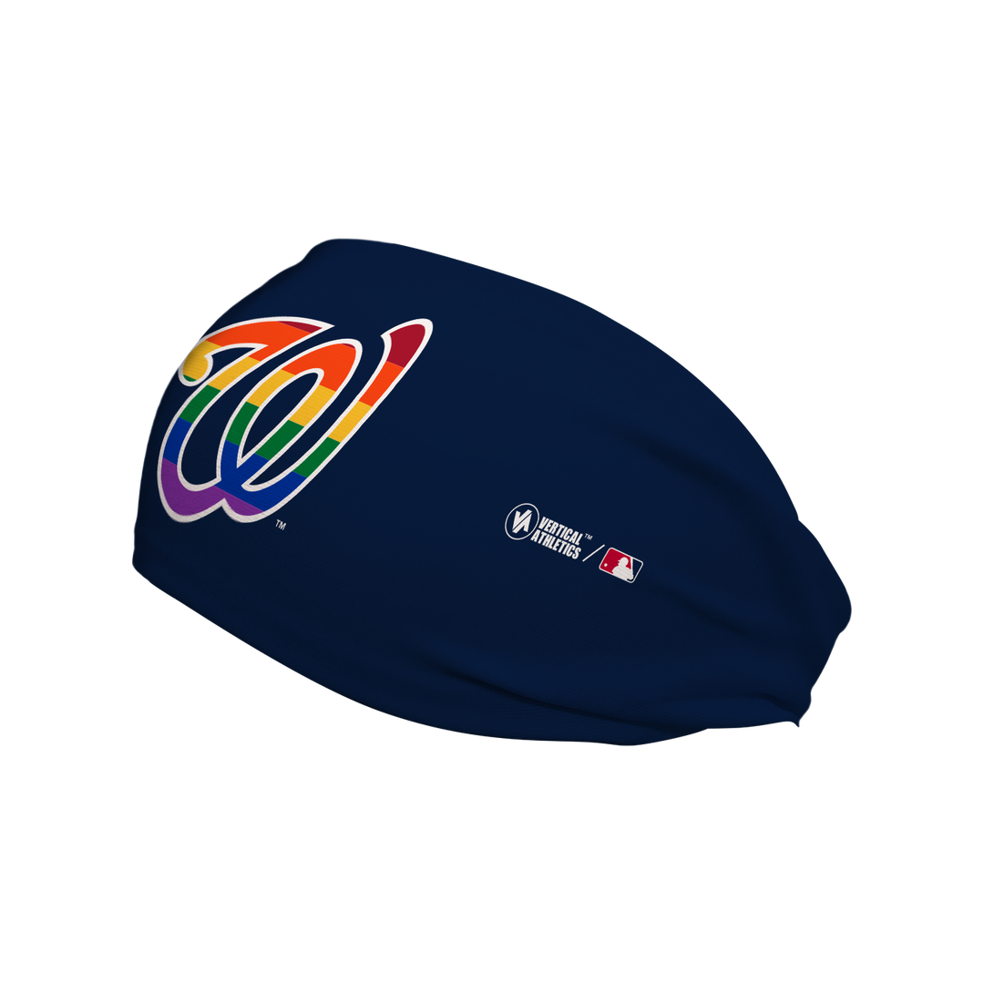 Side view of Washington Nationals navy headband with pride filled cap logo. Made in USA, Vertical  Athletics brand.  