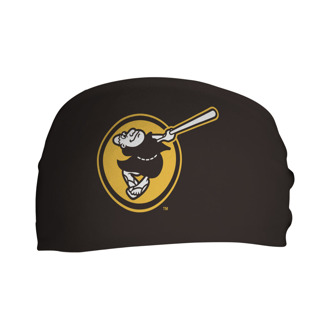 Front view of MLB San Diego Padres brown headband with  Swinging Friar. Made in USA, Vertical Athletics brand. 