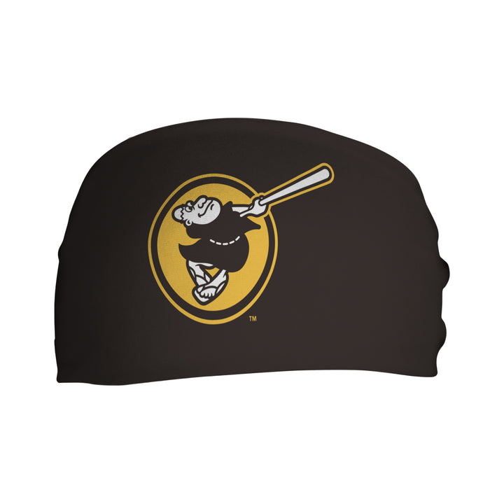 Front view of MLB San Diego Padres brown headband with  Swinging Friar. Made in USA, Vertical Athletics brand. 