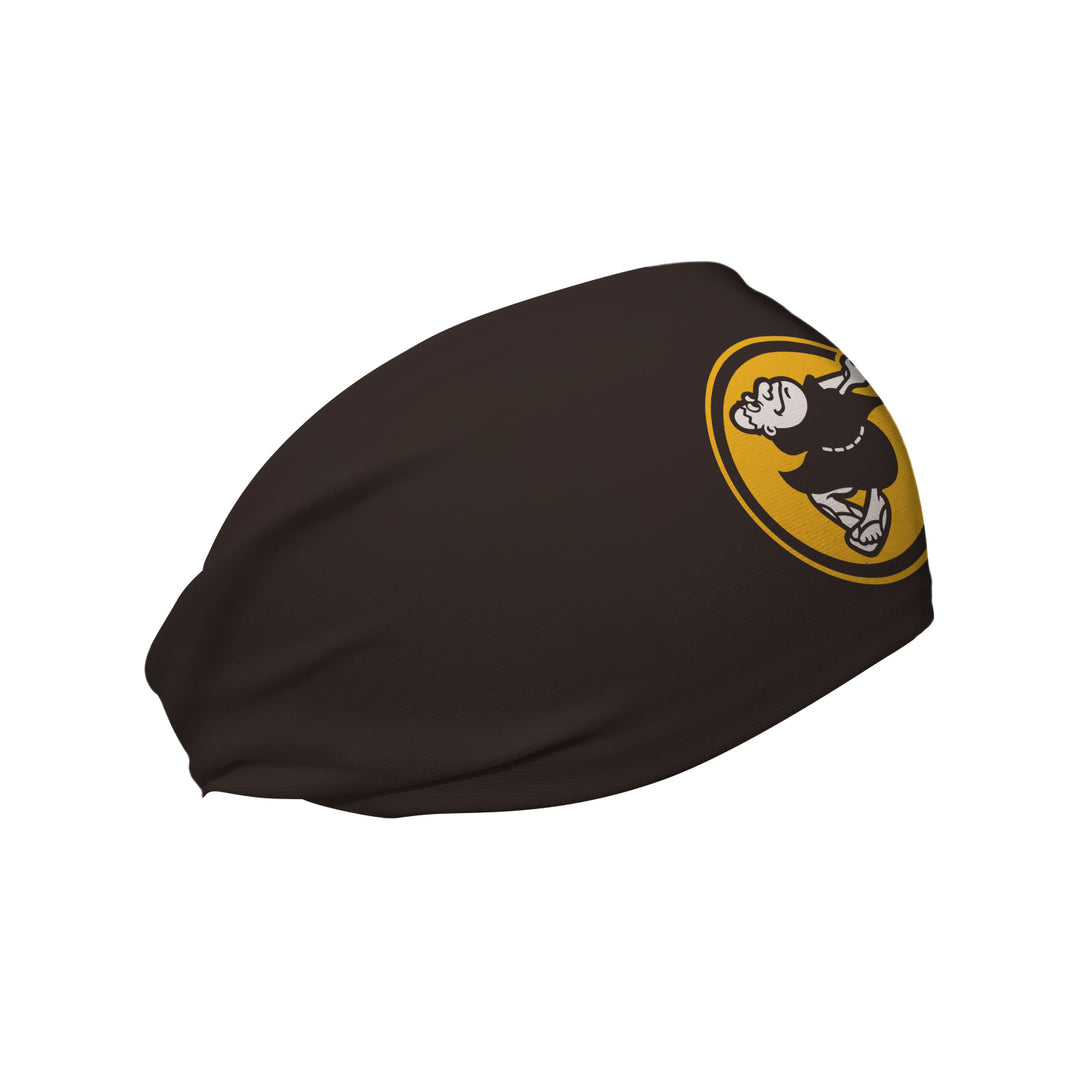 Side view of MLB San Diego Padres brown headband with  Swinging Friar. Made in USA, Vertical Athletics brand. 