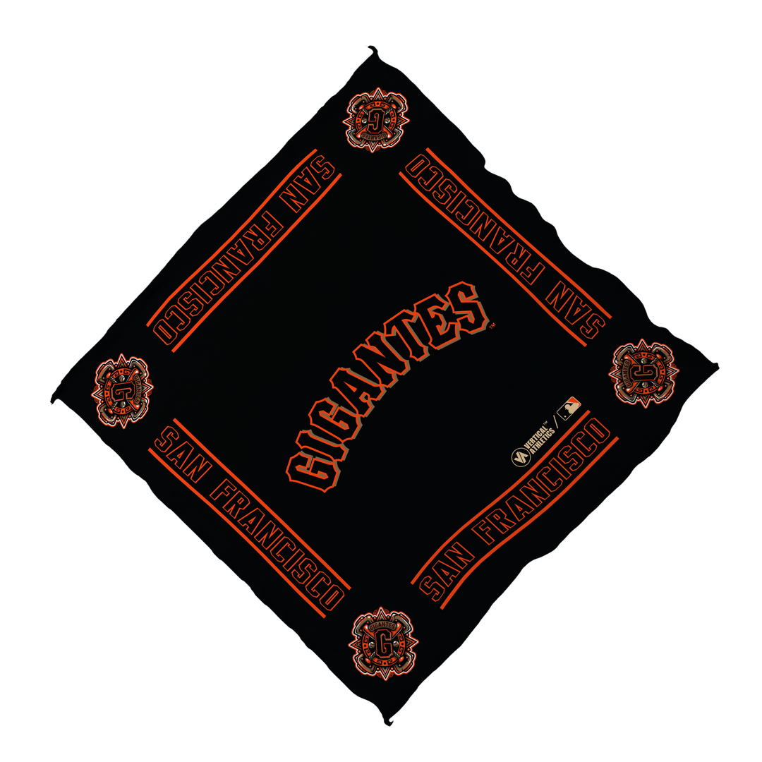 Unfolded view of MLB San Francisco Giants orange cooling bandana with gigantes logo. Made in USA, Vertical  Athletics brand.  