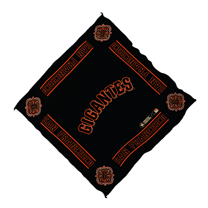 Unfolded view of MLB San Francisco Giants orange cooling bandana with gigantes logo. Made in USA, Vertical  Athletics brand.  