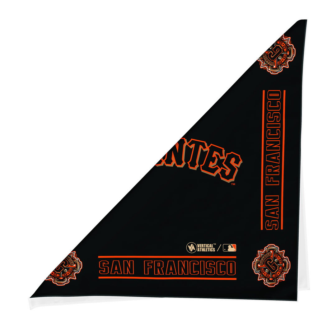 Folded view of MLB San Francisco Giants orange cooling bandana with gigantes logo. Made in USA, Vertical  Athletics brand.  