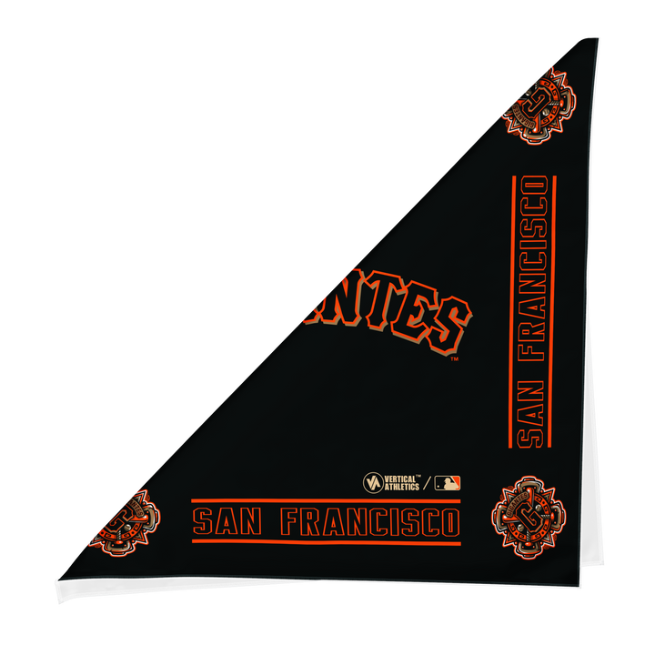 Folded view of MLB San Francisco Giants orange cooling bandana with gigantes logo. Made in USA, Vertical  Athletics brand.  