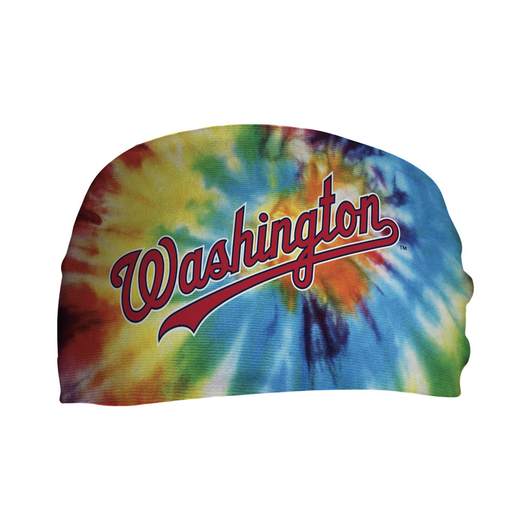 Side view of MLB Washington Nationals Rainbow Tie-dye headband with Wordmark logo. Made in USA, Vertical Athletics brand. 