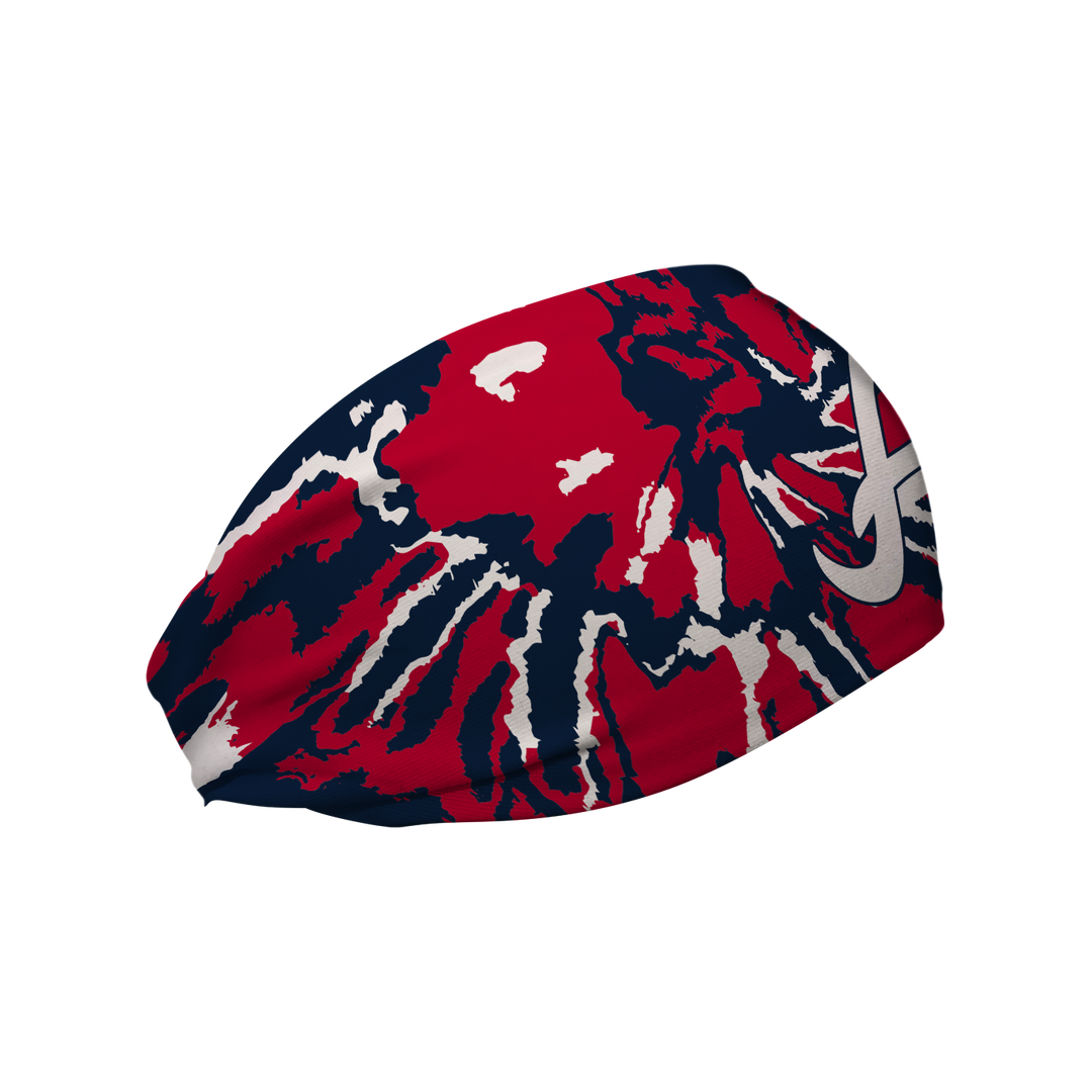 Side view of MLB Atlanta Braves Team Tie-Dye headband with cap logo. Made in USA, Vertical Athletics brand. 