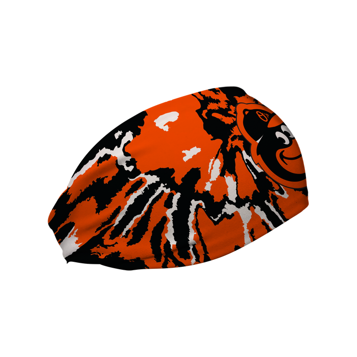 Side view of MLB Baltimore Orioles Team Tie-Dye headband with the birds logo. Made in USA, Vertical Athletics brand. Not a Junk headband.