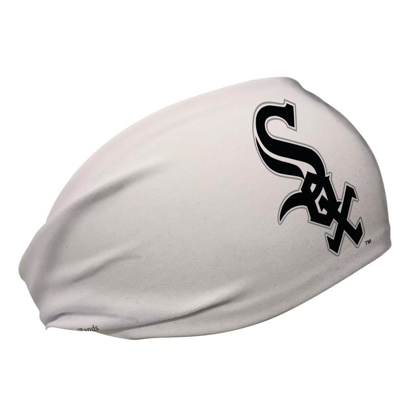 Side view of MLB Chicago White Sox white headband with cap logo. Made in USA, Vertical Athletics brand. 