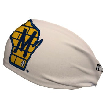 Side view of MLB Milwaukee Brewers Ivory headband with Brick cap logo. Made in USA, Vertical Athletics brand.  