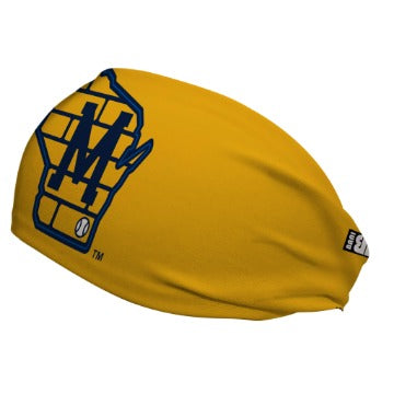 Side view of MLB Milwaukee Brewers Yellow headband with Brick cap logo. Made in USA, Vertical Athletics brand.  