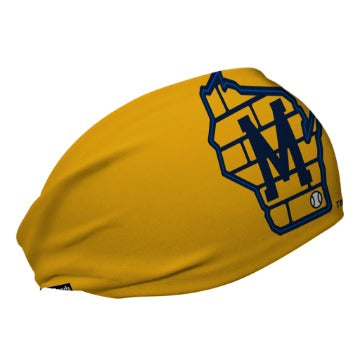 Side view of MLB Milwaukee Brewers Yellow headband with Brick cap logo. Made in USA, Vertical Athletics brand.  