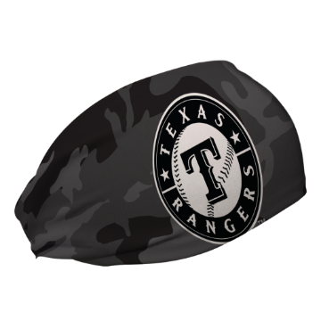 Side view of MLB Texas Rangers black Camo headband. Made in USA, Vertical Athletics brand.  